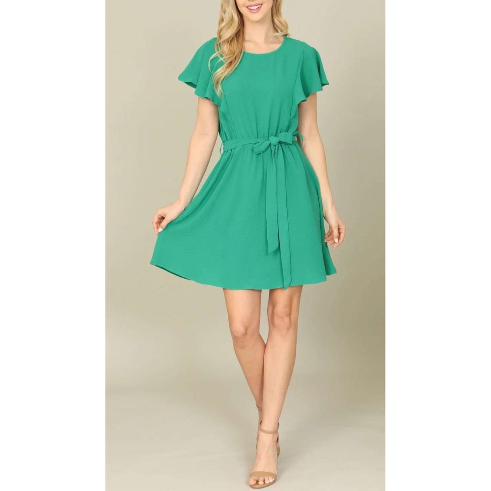 L Love Green Flutter Sleeve Ruffle Mini Dress Small